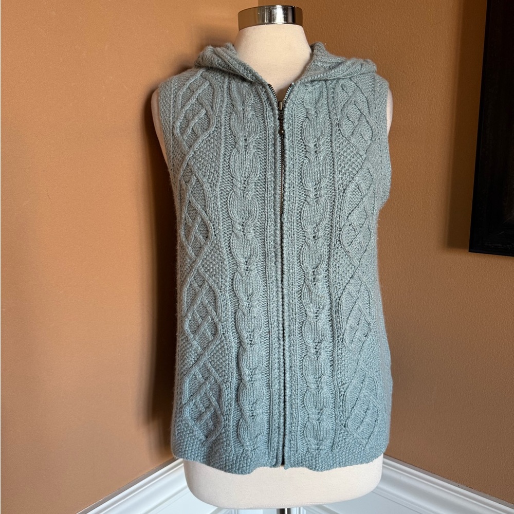 Icelandic Design Cable Knit Hooded Sweater Vest Silk Angora Zip Front Blue L